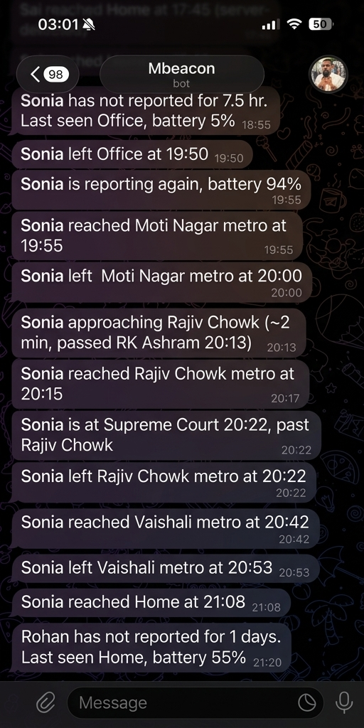 Telegram Mbeaconbot alert log screenshot