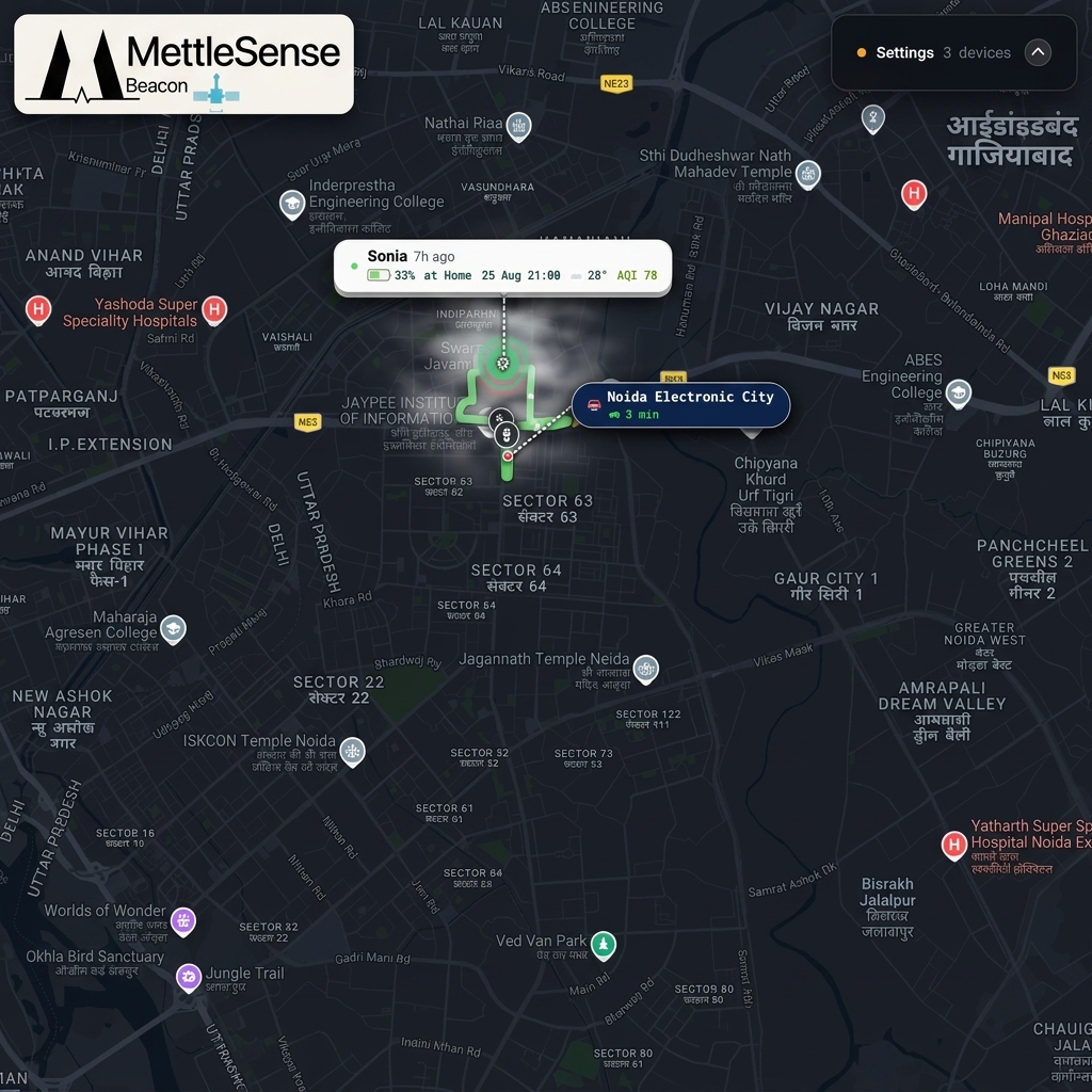 MettleSense Beacon — Zoom card detailing device status, local temperature, and CPCB Air Quality index